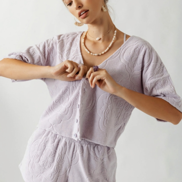 O'Neill Terry Cloth Button Up Shirt & Short Set Lilac Purple Flower Print - Picture 7 of 7